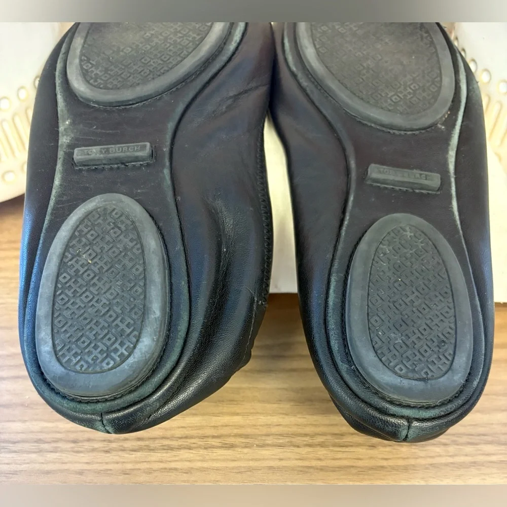 Tory Burch Black Leather Flats with Gold Logo - Picture 5 of 12